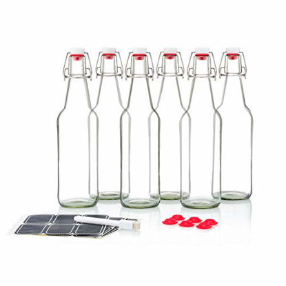 Picture of Otis Classic Glass Bottles with Caps - Set of 6 Clear Swing Top Glass Bottles w/ Ceramic Lids for Storing Kombucha, Liquor, Syrup, Wine, Kefir & Beer - Bonus Marker & Labels Included, 16oz