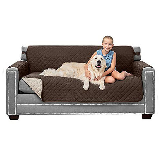 Picture of Sofa Shield Patented Slipcover, Reversible Tear Resistant Soft Quilted Microfiber, Durable Furniture Stain Protector with Straps, Washable Couch Cover for Dogs, Kids, 62 Seat Width, Chocolate Beige