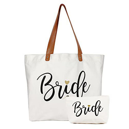 Picture of Bride Tote Bag with Makeup Bag, Gifts for Engagement / Bridal Shower / Bachelorette / Wedding Party Canvas White