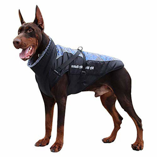 Picture of Dog Jacket - Winter Coat for Dogs Extra Warm Plush Collar Waterproof Windproof Pet Jacket for Hiking Camping with Zipper Reflective Dog Vest for Medium Large Dogs Build-in Harness (6XL, Silver Blue)