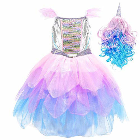 Picture of Girls Unicorn Dresses with Wig, Kids Birthday Outfits Halloween Costume