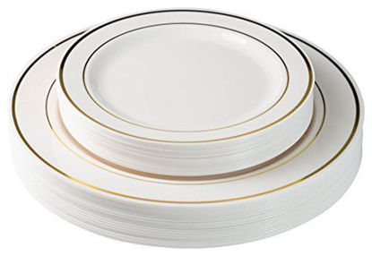 Picture of Exquisite Reflective Plastic Plates-60 Peices Premium Heavyweight Plastic Dinnerware (30- 10.25" Dinner and 30 - 7.5" Salad/Dinner) Wedding Like China (Cream Gold)