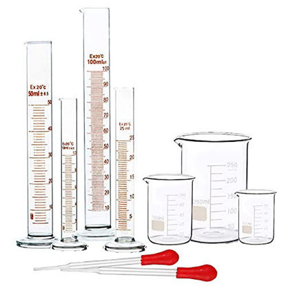 Picture of SUPERLELE Glass Graduated Cylinder Set 10ml 25ml 50ml 100ml, Thick Glass Beaker Set 50ml 100ml 250ml with 2 Droppers