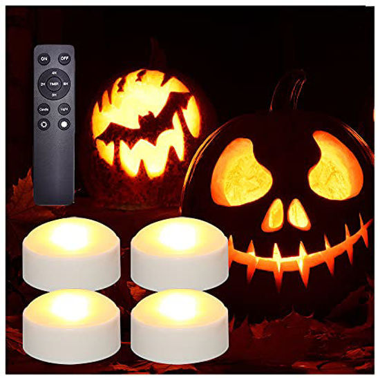 Picture of 4 Pack Battery Operated LED Pumpkin Lights with Remote and Timer, Bright Flickering Flameless Candle Set for Pumpkin Décor Jack-O-Lantern Halloween Party Home Christmas Decorations, White Color