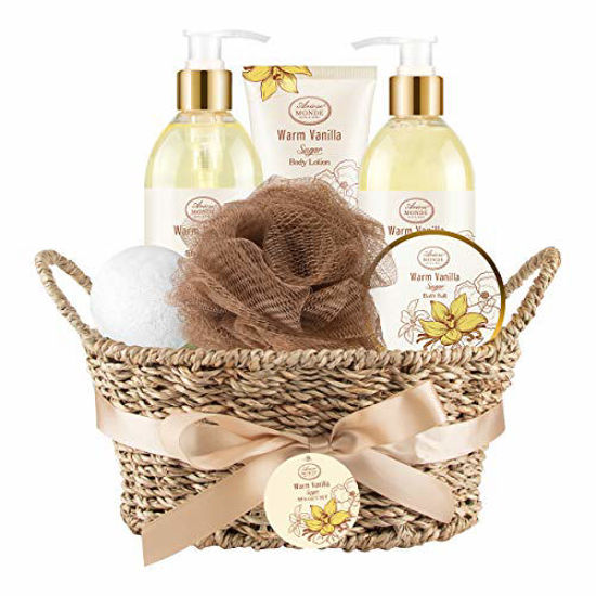 Picture of Bath & Shower Spa Basket Gift Set, Warm Vanilla Sugar Scent, with Shower Gel, Bubble Bath,Body Lotion, Bath Bomb,Bath Salt, Bath and Body Gift Box for Women