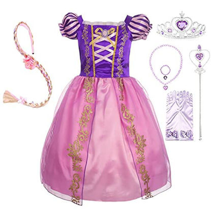 Picture of Lito Angels Toddler Girls' Princess Dress Up Costume Halloween Fancy Party Dress Outfit with Long Braid Wig & Accessories Set Size 2T