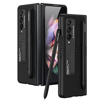 Picture of SHIEID Samsung fold 3 case with S Pen Holder, Z Fold 3 Case Leather with Kickstand Folio Flip Phone Case Cover Compatible with Samsung Galaxy Z Fold 3 5G 2021, Carbon Fiber Pattern