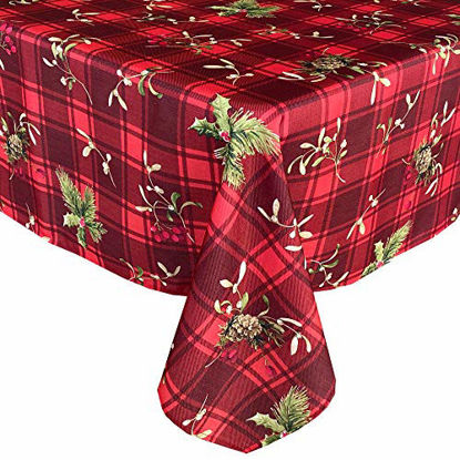 Picture of Newbridge Holiday Spruce Plaid Christmas Fabric Tablecloth, Holly, Evergreens, Acorn and Red Plaid Print Xmas Soil Resistant, No Iron Easy Care Tablecloth, 60 Inch x 120 Inch Oblong/Rectangle