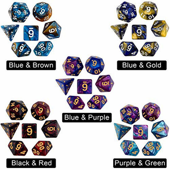 Picture of DND Dice Set 25 x 7 (175 Pieces) Double-Colors Polyhedron Dice for Dungeons and Dragons DND RPG MTG Table Games D4 D6 D8 D10 D% D12 D20 25 Colors Dice with 1 Large Flannel Bag