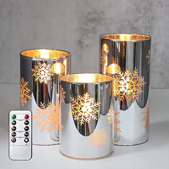 Picture of CHERIMENT Christmas Theme Flameless Candles, Electroplate Snowflake Pattern Glass Effect LED Candles with Remote, Battery Operated Candle for Xmas Party Holiday Decor, Set of 3