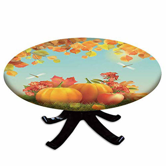 Picture of Elastic Edged Polyester Fitted Table Cover,Fall Season Yield Thanksgiving Image Fallen Leaves Branches Pumpkins Decorative,Fits up 45"-56" Diameter Tables,The Ultimate Protection for Your Table,Orange