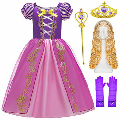 Picture of BELOAN Princess Costume Baby Girls Birthday Party Layered Dress Up with Crown Wand Wig Gloves Full Accessories Age4-5 Years Purple