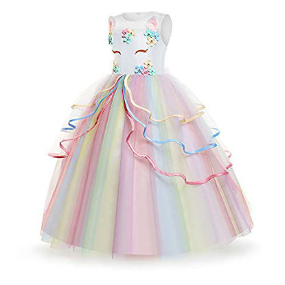 Picture of Unicorn Dress for Girls Unicorn Costume Pageant Princess Party Birthday Long Maxi Gown with Unicorn Headband & Satin Sash