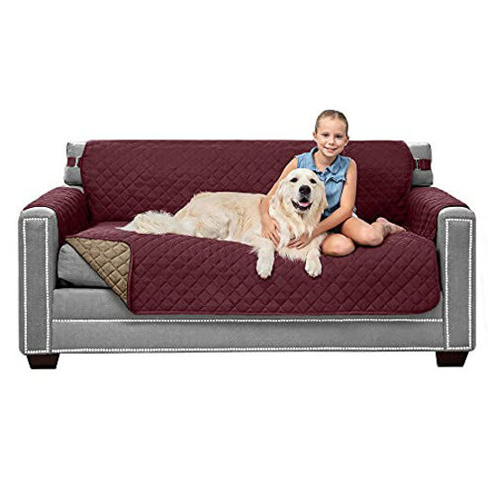 Picture of Sofa Shield Patented Slipcover, Reversible Tear Resistant Soft Quilted Microfiber, Durable Furniture Stain Protector with Straps, Washable Couch Cover for Dogs, Kids, 62 Seat Width, Burgundy Tan