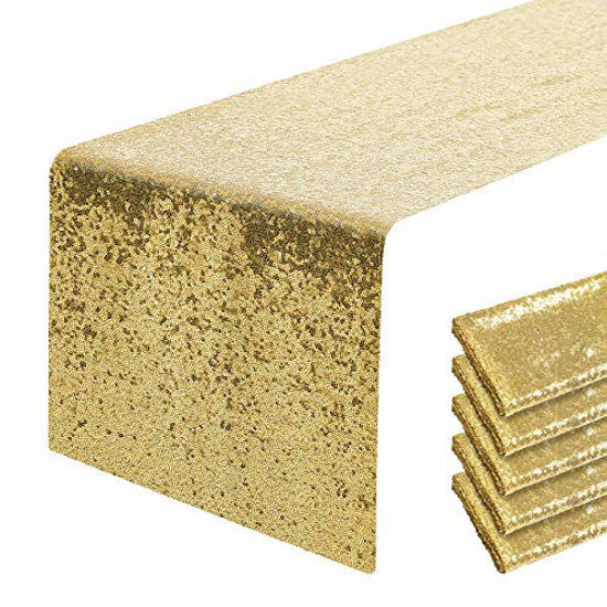 Picture of Pufogu 6 Packs 12 x 72 inches Gold Sequin Table Runner, Glitter Runner for Birthday Party Supplies Decorations Wedding Bachelorette Holiday Celebration Bridal Shower Baby Shower