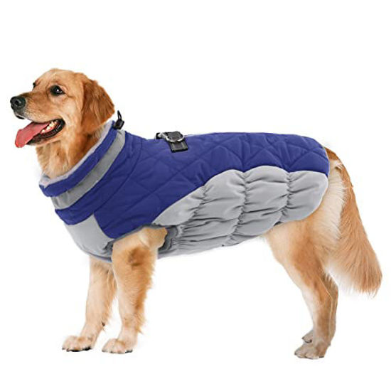 Picture of Warm Dog Winter Coat Cold Weather Jacket Windproof Reflective Turtleneck Dog Vest with Plush Rabbit Fur Neckline D-Ring for Leash Thick Fleece Lining Outdoor Pet Apparel for Small Medium Large Dogs