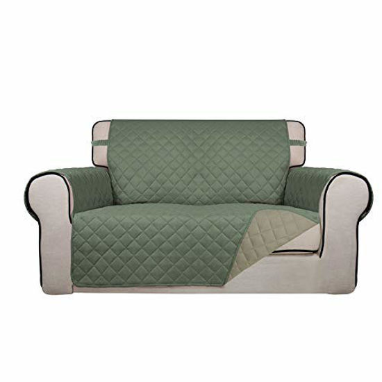 Picture of PureFit Reversible Quilted Sofa Cover, Water Resistant Slipcover Furniture Protector, Washable Couch Cover with Non Slip Foam and Elastic Straps for Kids, Dogs, Pets (Loveseat, Greyish Green/Beige)