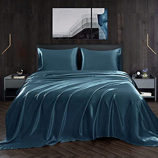 Picture of Homiest 4pcs Satin Sheets Set Luxury Silky Satin Bedding Set with Deep Pocket, 1 Fitted Sheet + 1 Flat Sheet + 2 Pillowcases (Full Size, Deep Sea Blue)