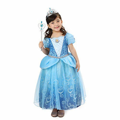 Picture of SPUNICOS Girls Deluxe Cinderella Princess Inspired Dress Costume for Halloween Party,Birthday Party,with Crown and Tiara 5-6years