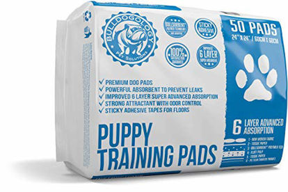 Picture of Bulldogology Puppy Pee Pads with Adhesive Sticky Tape (24x24) Large Premium Dog Pads - 6 Layer Dog Training Pads and Pet Wee Pads with Bullsorbent Tech (50-Count, White)