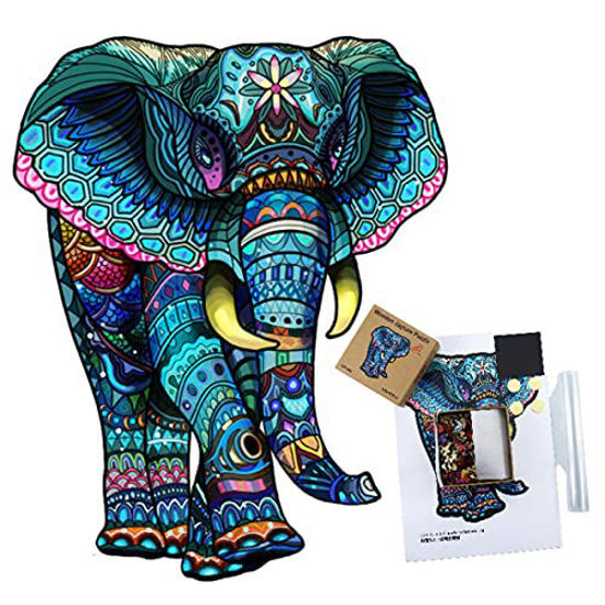 Picture of LittleFox Wooden Jigsaw Puzzles, Unique Animal Shape Pieces, Set with Kits for Decoration, 8.3X10.6 in, 163 pcs, Best Gift for Adults and Kids (6 yrs+) (Elephant)