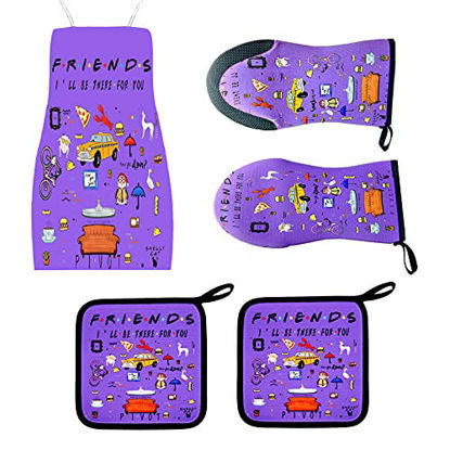 Picture of 5PCS Friends Kitchen Gifts,Friends Themed Kitchen Decor,1 Friends Apron,2 Friends Oven Mitts,2 Friends Pot Holders (Purple)