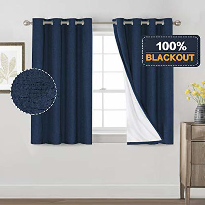 Picture of Primitive Textured Linen 100% Blackout Curtains for Bedroom/Living Room Energy Saving Window Treatment Curtain Drapes, Burlap Fabric with White Thermal Insulated Liner (52 x 54 Inch, Navy)