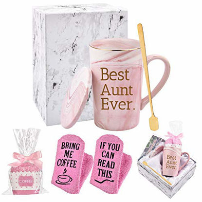 Picture of Best Aunt Ever Mug Aunt Gifts from Niece and Nephew Mothers Day Gifts for Aunt Funny Birthday Gifts for Aunt from Niece Aunt Coffee Cup 14 Oz Pink with Gift Box, Cupcake Socks