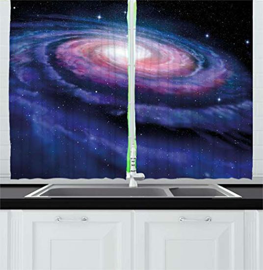 Picture of Ambesonne Modern Kitchen Curtains, Spiral Galaxy Andromeda Milky Way Cosmic Dust Infinity Mystery Artwork Print, Window Drapes 2 Panel Set for Kitchen Cafe Decor, 55" X 39", Blue Purple