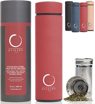 Picture of Pure Zen Tea Thermos with Infuser - Insulated Tea Infuser Bottle for Tea, Coffee and Fruit-Infused Water - Portable Travel Tea Mug with Infuser and Lid - Unique Gifts for Women - 15oz Tea Bottle Red