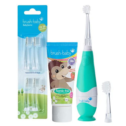 Picture of Brush Baby BabySonic Infant and Toddler Electric Toothbrush Bundled with Fluoride-Free Strawberry Toothpaste and BabySonic 18-36 Month Replacement Brush Heads Pack of 4 - Teal