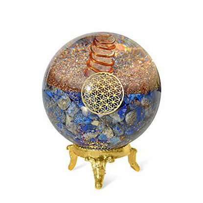 Picture of Orgonite Crystal Lapis Lazuli Ball with Holder - Third Eye Chakra Crystal with Flower of Life Enhances Decision Making and Promotes Friendship, Honesty, Compassion and Integrity