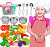 Picture of Kids Kitchen Accessories Set - Cuttable Play Food, Stainless-Steel Pots & Pans, Apron, Chef Hat, Cooking Utensils, Toy Cutting Vegetables, Knife, & Storage Container (Red, Checkerboard design)