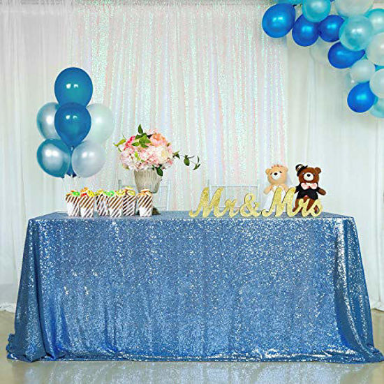 Picture of Sparkly Tablecloth 90x90inch Baby Blue Table Cover Shimmer Square Drape Table Linens for Wedding Curtain Other Event Banquet