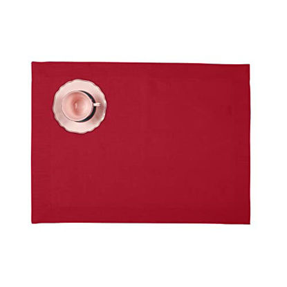 Picture of DMoksha Homes 100% Pure Linen Hemmed 14 x 19 inch Set of 4 Placemats for Christmas, Racing Red, European Flax Natural Fabric Machine Washable Handmade with Mitered Corners, Great Gift Choice