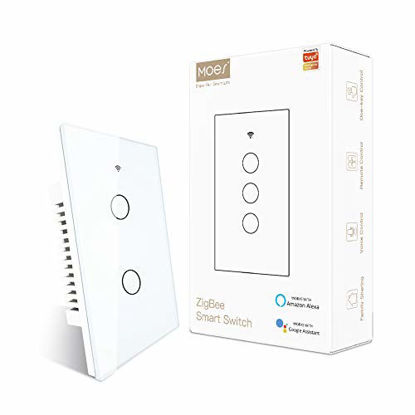 Picture of MOES ZigBee Smart Touch Wall Light Switch,Requires Tuya ZigBee 3.0 Hub,No Neutral Wire/N+L Wiring,No Capacitor,Smart Life Tuya 2/3 Way Remote Control, Work with Alexa Google Home, 2MQTT,2 Gang White