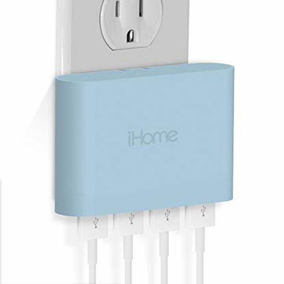 Picture of iHome AC Pro 5.4 Amp 4-Port USB Wall Charger, Flat Foldable Plug for iPhone 12/12 Pro/12 Pro Max/ 11/11 Pro/11 Pro Max/Xs,/Xs Max/XR/X/8/Airpods, iPad, Samsung Galaxy Android & More, Pastel Blue