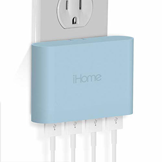 Picture of iHome AC Pro 5.4 Amp 4-Port USB Wall Charger, Flat Foldable Plug for iPhone 12/12 Pro/12 Pro Max/ 11/11 Pro/11 Pro Max/Xs,/Xs Max/XR/X/8/Airpods, iPad, Samsung Galaxy Android & More, Pastel Blue