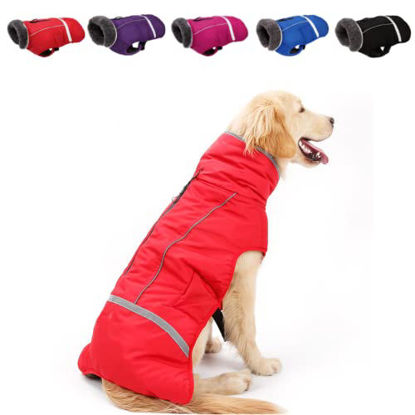 Picture of Doglay Dog Winter Coat with Thicken Furry Collar, Reflective Warm Pet Jacket Waterproof Windproof Dog Clothes for Cold Weather, Soft Red Puppy Vest Apparel for Small Medium Large Dogs