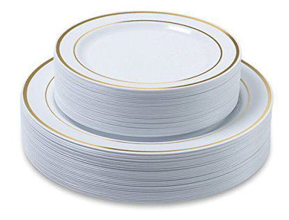 Picture of Disposable Plastic Plates - 60 Pack - 30 x 10.25" Dinner and 30 x 7.5" Salad Combo - Gold Trim Real China Design - Premium Heavy Duty - By Aya's Cutlery Kingdom