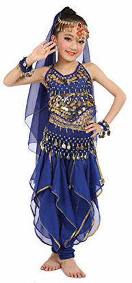 Picture of Cielary Kids Girls Belly Dance Halter Top Harem Pants Costume Set Halloween Outfit with Head Veil Waist Chain and Bracelets(Royal Blue,S)