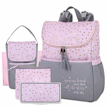 Picture of Diaper Bag Backpack 5 Piece Set with Sun, Moon, and Stars, Wipes Pocket, Stroller Straps, Dirty Diaper Pouch, Changing Pad (Grey/Pink Backpack)