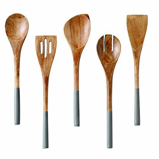 Picture of Wooden Spoons for Cooking, Set of 5 Nonstick Cookware Sets Includes Wooden Spoon, Serving Fork, Spatula, Slotted Turner, Corner Spoon, 12 Inches Long Kitchen Utensil Sets, Mango Wood, Grey