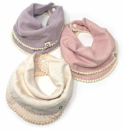 Picture of Indi by Kishu Baby - Girls Pom Pom Bibs - Luxuriously Soft, 100% Organic Cotton Muslin Exclusive of Trim - Fairtrade & GOTS Certified Organic Drool Bib with Snaps (Peach, Ivory, Lavender)