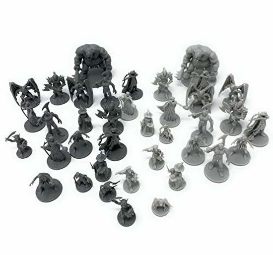 Picture of 38 Miniatures Fantasy Tabletop RPG Figures for Dungeons and Dragons, Pathfinder Roleplaying Games. 28MM Scaled Miniatures, 10 Unique Designs, Bulk Unpainted, Great for D&D/DND