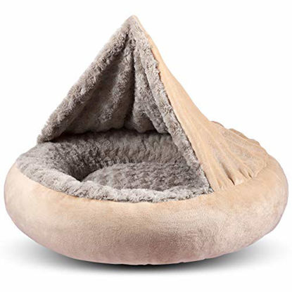 Picture of GASUR Cozy Cuddler Small Dog and Cat Bed, Round Donut Calming Anti-Anxiety Cave Hooded Blanket Pet Bed, Luxury Orthopedic Cushion Beds for Indoor Kitty or Puppy, Warmth and Machine Washable 23 inch