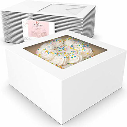 Picture of COCOPODS 25 Pack Auto Pop-Up Cake Boxes with Viewing Window & 50 Stickers - This White 10x10x5 Bakery Boxes Container is Suitable For Cakes, Cupcakes, And Cookies - Dessert Boxes with Clear Display