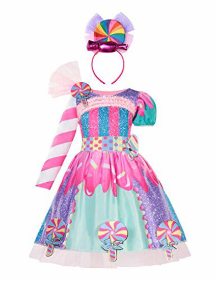 Picture of Girls Candyland Rainbow Tulle Dresses Costume Birthday Pageant Dress Up with Headband (Lollipop Costume, 7-8 Years)