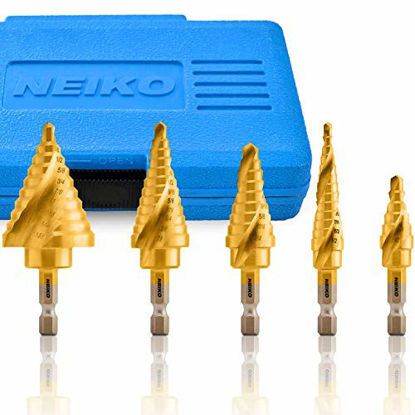 Picture of NEIKO 10173A Quick Change SAE Spiral Grooved Step Drill Bit Set | 5-Piece Set with total 50 Step Sizes | High-Speed Steel and Titanium Nitride Coating | Two-Flute Design | Handy Storage Case