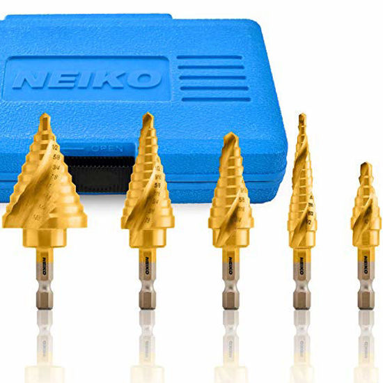 Picture of NEIKO 10173A Quick Change SAE Spiral Grooved Step Drill Bit Set | 5-Piece Set with total 50 Step Sizes | High-Speed Steel and Titanium Nitride Coating | Two-Flute Design | Handy Storage Case